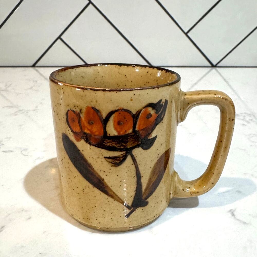 vintage Otsgiri Japanese stoneware mug speckled beige glaze hand-painted tulip